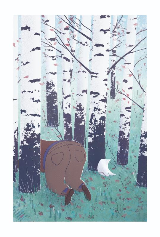 A person crouching between birch trees, viewed from behind. A single piece of paper lies nearby on the ground.
          