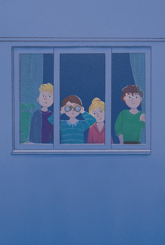 View of a window from outside, with four children peeking through curtains. One boy holds binoculars up to his eyes.