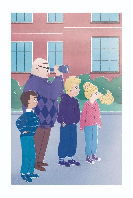 Three children and a man standing in front of a building, with the man holding binoculars to his eyes, looking at something outside the frame.