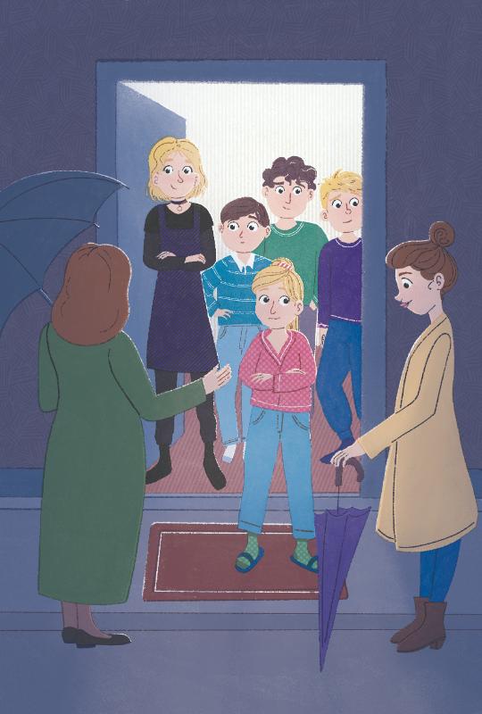 A group of seven people, including five children and two adult women, gathered in a doorway.