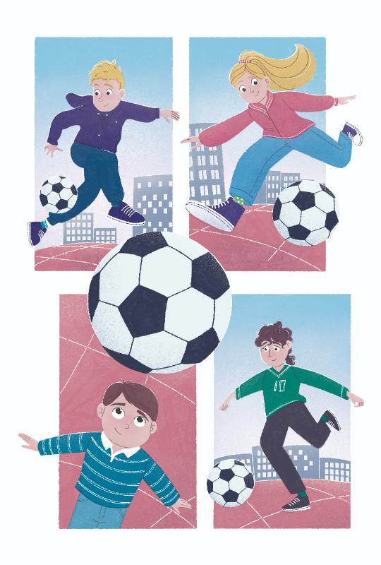 A four-panel collage showing three boys and a girl playing football, capturing different moments of the game.