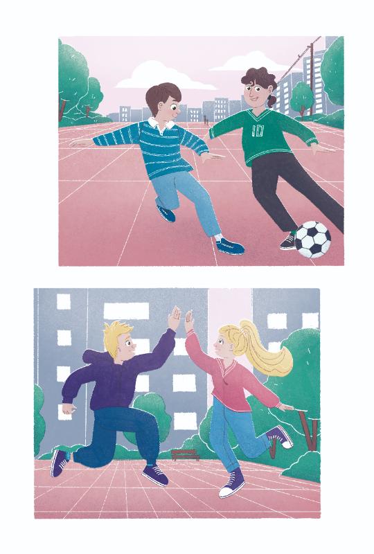 A two-panel collage of children playing football. Top panel shows two boys competing for the ball, bottom panel depicts a boy and girl high-fiving mid-jump in celebration.