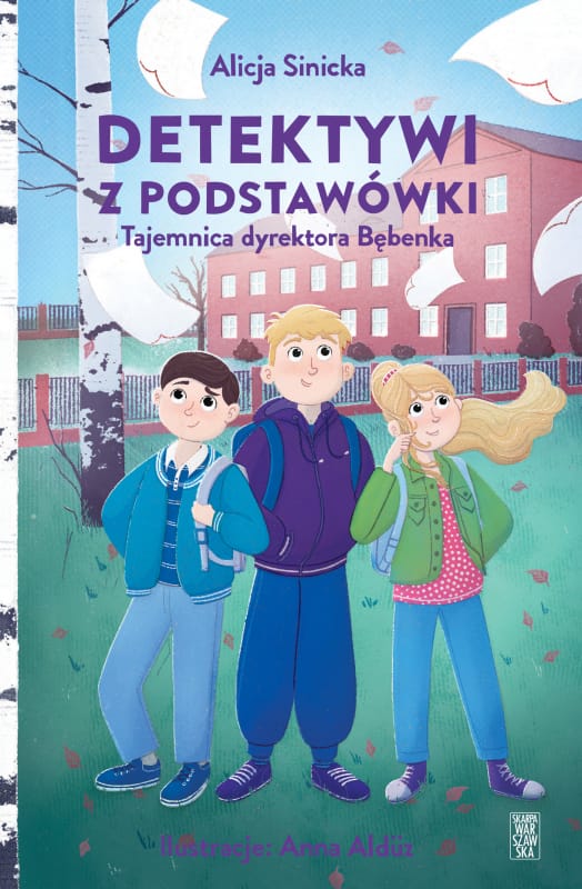 A book cover with three children surrounded by swirling, scattered papers. School building in the background.
          